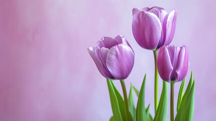 Fototapeta premium Beautiful bouquet of purple tulips on pink wooden background