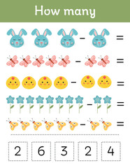 Worksheet for school kids. Math game with Easter elements for children, easy level, education game. Worksheet for school kids. Useful games for preschool, kindergarten, development logical thinking.