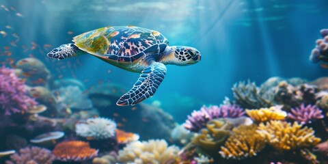 The Magnificent Sight Of A Green Turtle Serenely Gliding Through The Stunning Great Barrier Reef. Сoncept The Great Barrier Reef, Green Turtle, Serene Gliding, Magnificent Sight
