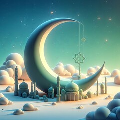 This beautiful image captures the essence of the holy month of Ramadan. A vibrant crescent moon and mosque in the sky, casting its glow over a mosque bathed in warm light. 3d concept,  Generative AI