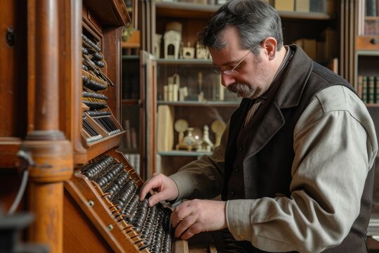A man in a library playing an organ, creating melodious music using the historic instrument, An accountant using an abacus in a classic setting, AI Generated