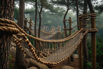 Fototapeta premium A sturdy and winding rope bridge suspends over the lush green canopy of a dense forest, An adventurous playground interconnected with rope bridges, AI Generated