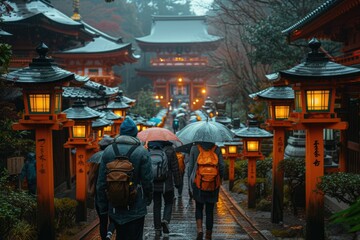 People with umbrellas walking towards a traditional temple lit by lanterns.