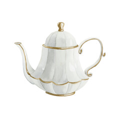 White porcelain teapot with gilded rim, Victorian style. Watercolor illustration isolated on white background.