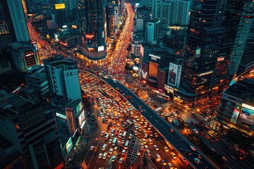 Fototapeta na wymiar A photo capturing a crowded city street during peak traffic hours, bustling with cars, buses, and pedestrians, An aerial shot of a bustling city during evening rush hour, AI Generated