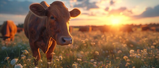 At dusk, a brown-speckled cow with its skull bowed stood on green, lush grass and space, Generative AI. - obrazy, fototapety, plakaty