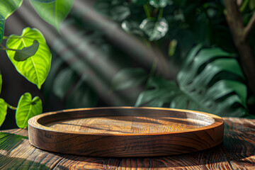 Obraz premium Wooden round tray podium with blurry leaves shadow on green background, perfect for product display and marketing concepts.