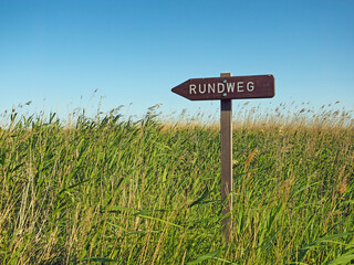 Hinweisschild auf einen Rundwanderweg inmitten einer Schilflandschaft - 736392376