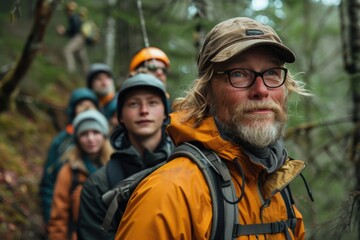Fototapeta premium A group of hikers in a forest led by a man in an orange jacket.