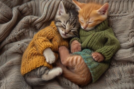 Cute Kittens Snuggled In Knitted Sweaters, Surrounded By A Serene Background. Сoncept Sunset Silhouette, Adventure In The Wilderness, Exquisite Floral Arrangements, Rustic Farm Life
