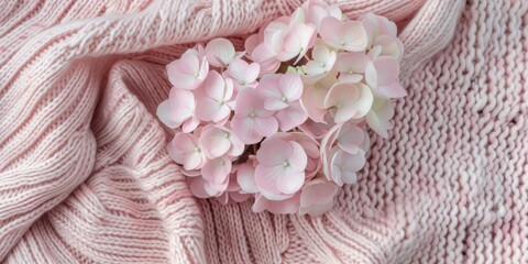Must-Have Pastel Pink Wool Sweaters With Hydrangea Detail For Autumn And Winter. Сoncept Cozy Knitwear, Pastel Pink Fashion, Wool Sweaters, Hydrangea Embellishments, Autumn/Winter Essentials