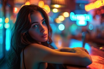 Immersive Evening Ambiance Featuring A Self-Assured Brunette Woman At A Bar. Сoncept Sultry Nightlife Vibe, Confident Brunette, Bar Atmosphere, Moody Lighting