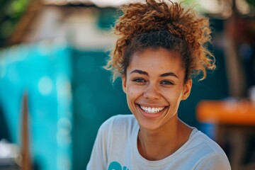 Joyful Female Volunteer Exemplifies Kindness And The Importance Of Generosity. Сoncept Kindness, Generosity, Female Volunteer, Joyful Exemplification