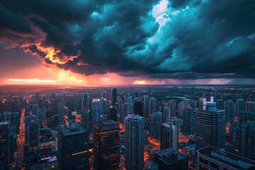 A vibrant cityscape filled with towering buildings, bustling streets, and a cloudy sky in the background, An aerial view of a city's skyline against a stormy sky, AI Generated