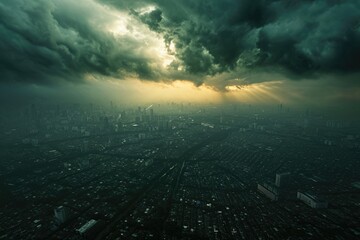 A photo capturing a cityscape as a very dark and cloudy sky blankets the horizon during dusk, An aerial view of a city's skyline against a stormy sky, AI Generated