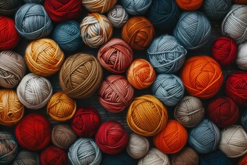 Autumn colors yarn balls background, web banner. Many earthy tones yarn threads for knitting craft background