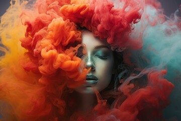 Fine art woman photo in colorful smoke. Girl prom alone attractive. Generate Ai
