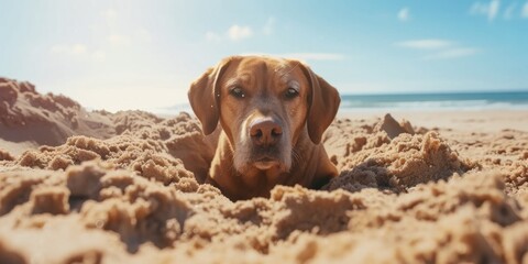 Adorable Dog Having Fun And Making The Most Of A Sunny Beach Day. Сoncept Sunny Beach Day With Adorable Dog, Fetch And Frisbee Fun, Splashing In The Waves, Sandcastle Adventures, Beach Ball Play