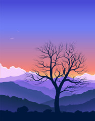 Purple mountain landscape with huge lonely old tree. Wild nature at sunset. Vector illustration.