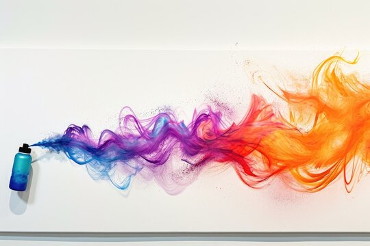 A vibrant painting capturing the mesmerizing image of rainbow colored smoke billowing out of a blue bottle, An aerosol can spraying a single color on a white canvas, AI Generated