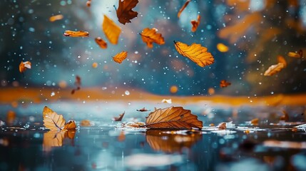 Dry autumn leaves floating on a water surface of a lake Generative Ai - Powered by Adobe