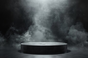 Podium black dark smoke background product platform abstract stage texture fog spotlight. Dark black floor podium dramatic empty night room table concrete wall scene place display studio smoky dust