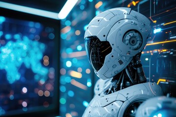 A detailed image showcasing a robot in the foreground, positioned in front of a monitor, An AI robot defending against cyber attacks, AI Generated