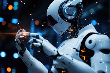A robotic android firmly holds an object in its hand, displaying its remarkable dexterity and precision, An AI robot defending against cyber attacks, AI Generated