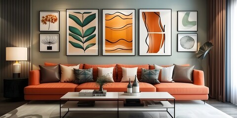modern wall in a living room with many identical rectangle picture frames, ornate, flowers, fresh
