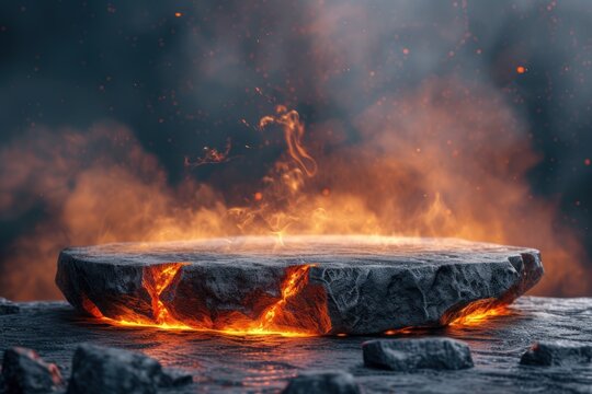 Fire lava podium rock volcano background product magma display 3d scene stone floor. Platform lava podium mountain fire smoke stage hot outdoor ground geometric isolated blast abstract texture meteor