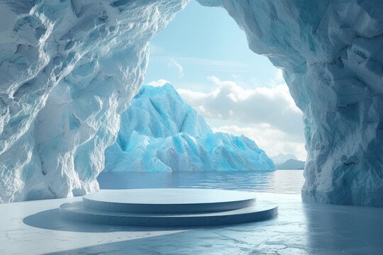 Ice Background Podium Cold Winter Snow Product Platform Floor Frozen Mountain Iceberg. Podium Glacier Cool Ice Background Stage Landscape Display Icy Stand 3d Water Nature Pedestal Arctic Concept Cave