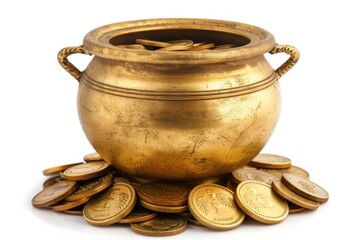 Set of golden coins in gold pot on white background