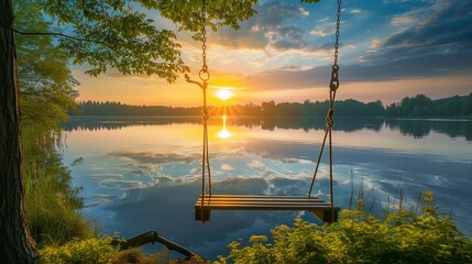empty hanging wooden swing overlooking sunset on lake