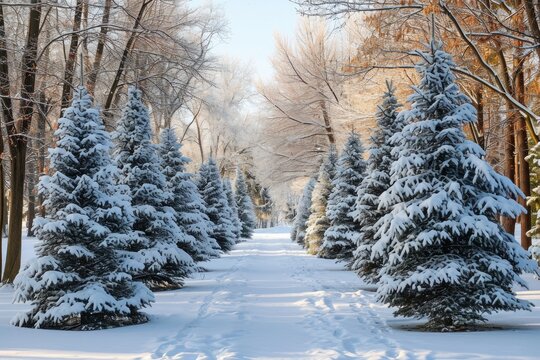A path in a park is flanked by trees covered in snow, creating a winter wonderland scene, An alley of fir trees glazed with snow in a winter park, AI Generated