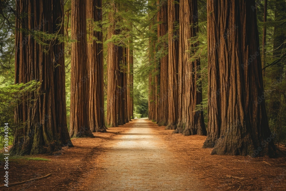 Canvas Prints A picturesque, unpaved dirt road winding through a dense forest area, enclosed by towering trees, An alley of towering redwood trees in a coastal park, AI Generated