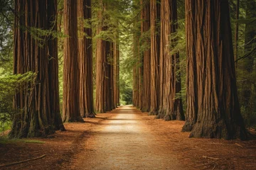 Papier Peint photo Lavable Route en forêt A picturesque, unpaved dirt road winding through a dense forest area, enclosed by towering trees, An alley of towering redwood trees in a coastal park, AI Generated