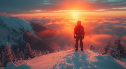 A solitary figure stands atop a snow-covered peak, gazing at the vibrant sky as the sun rises over the glacial landscape, immersed in the serene beauty of nature during a winter hike