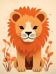 A cartoon lion sitting in the grass surrounded by leaves. Generative AI