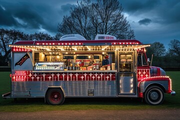 Fototapeta na wymiar A food truck is parked in a field at night, with string lights brightening up the area and creating a warm ambiance, An American diner themed food truck, AI Generated