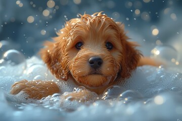 A fluffy brown puppy of an unknown breed gleefully splashes in the warm water of a bath, his wet fur glistening in the light as he embraces the simple joys of being an animal