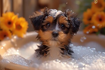 A fluffy yellow puppy of a certain breed enjoys a peaceful indoor bath surrounded by vibrant flowers as its owner lovingly tends to its needs