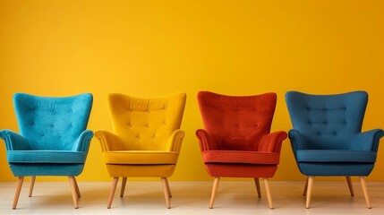 Four colorful retro arm chairs in a row with a yellow background