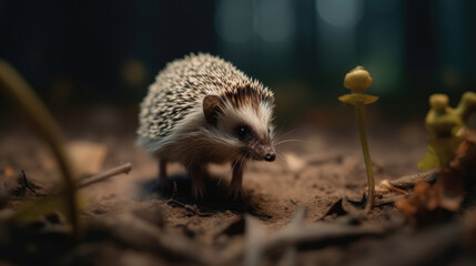 Attentive little hedgehog discovers the forest between the moss and ferns, autumn leaves around him. - obrazy, fototapety, plakaty