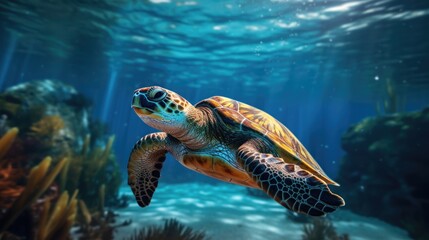Naklejka na ściany i meble In the ocean, a green sea turtle is swimming.