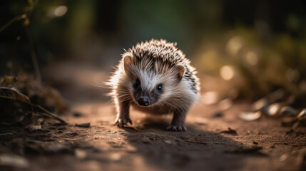 Fototapeta premium Attentive little hedgehog discovers the forest between the moss and ferns, autumn leaves around him.