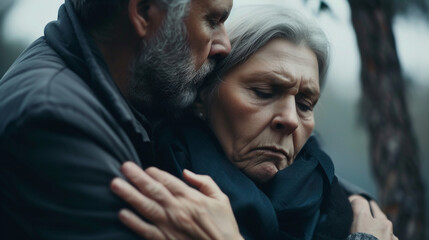 Funeral, support and people care for grief, mourning or depressed mother at burial ceremony, memorial service or cemetery. Hand, shoulder and man helping sad woman with love, advice or family comfort