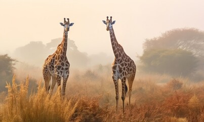 two giraffe standing in the savannah in the wild.