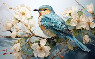 A single blue bird sitting on a branch with flowers, watercolor art style. Generative AI