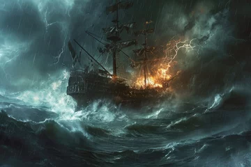 Foto op Plexiglas Schipbreuk A ship battles treacherous waves and intense lightning strikes in a stormy sea, An ancient ship battling a raging tempest, AI Generated