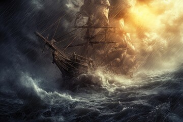 A ship bravely navigating through turbulent waves amidst a powerful storm in the open sea, An ancient ship battling a raging tempest, AI Generated